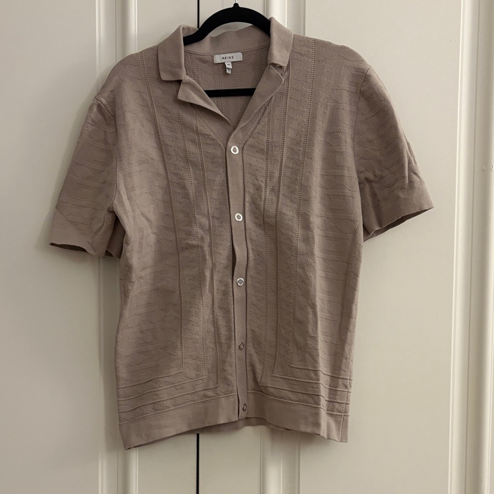 Reiss Top textured knit button-down short sleeve sweater